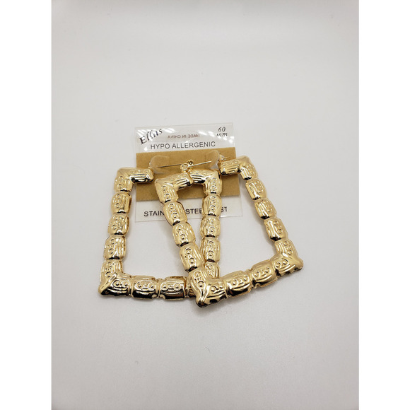 Rectangle bamboo gold earrings - Picture 2 of 5